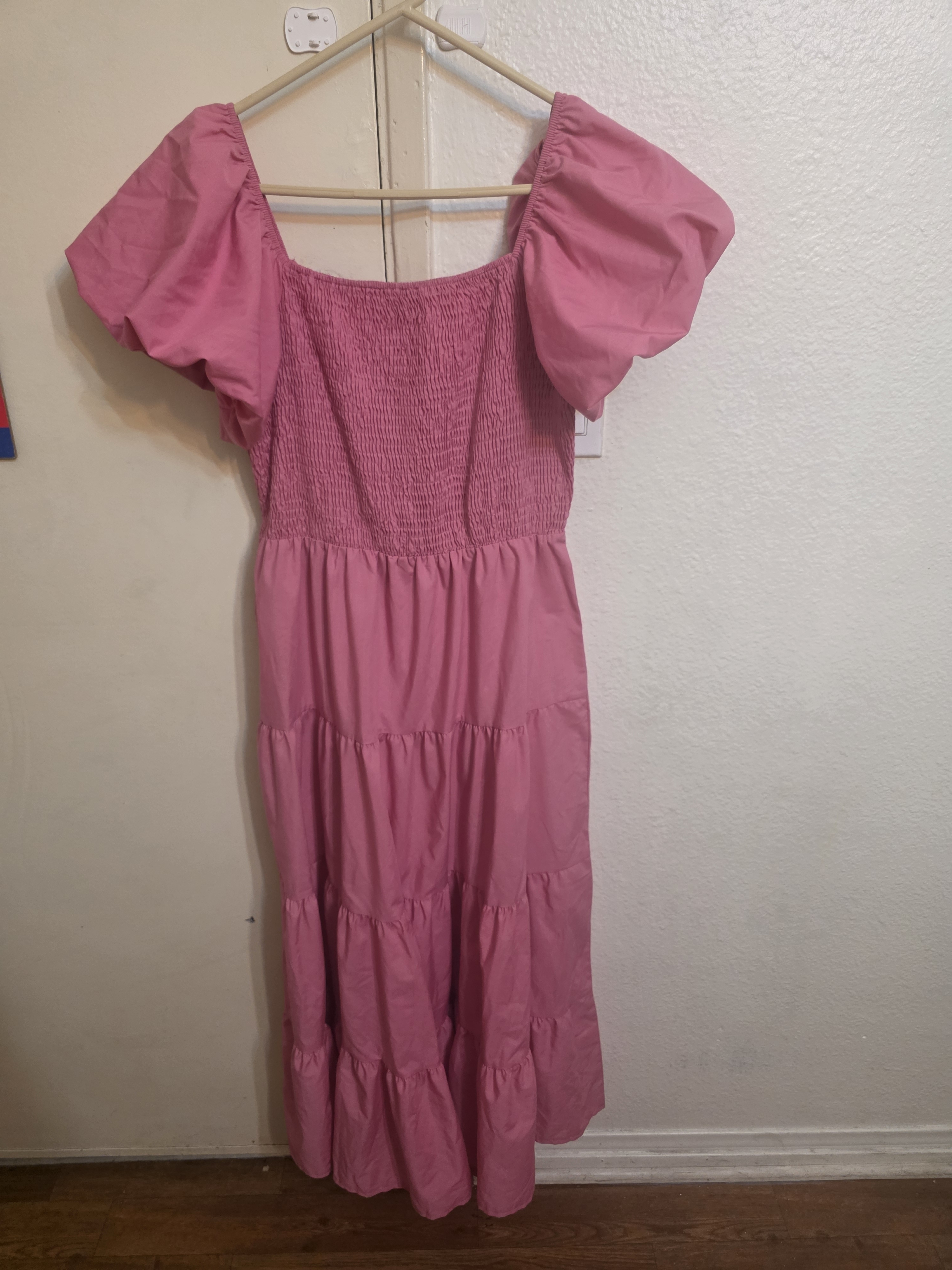 Pink Midi Dress With Puff Sleeves - Smocked Bodice
